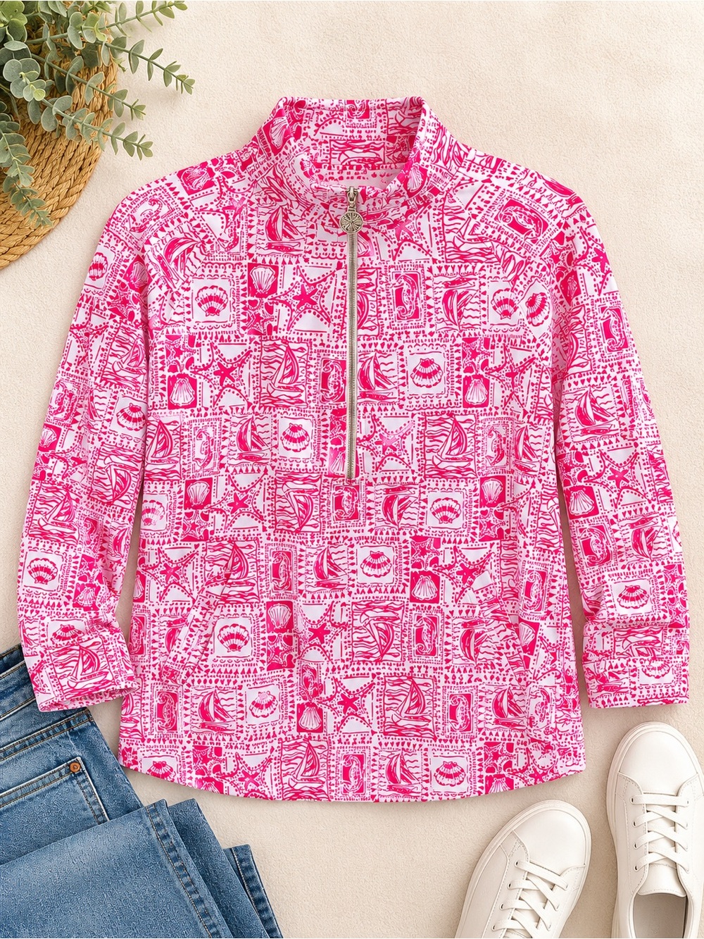 🌴Lilly Pulitzer sz Large Mizner Red Seaside Harbor Popover Coastal quarter zip🌴